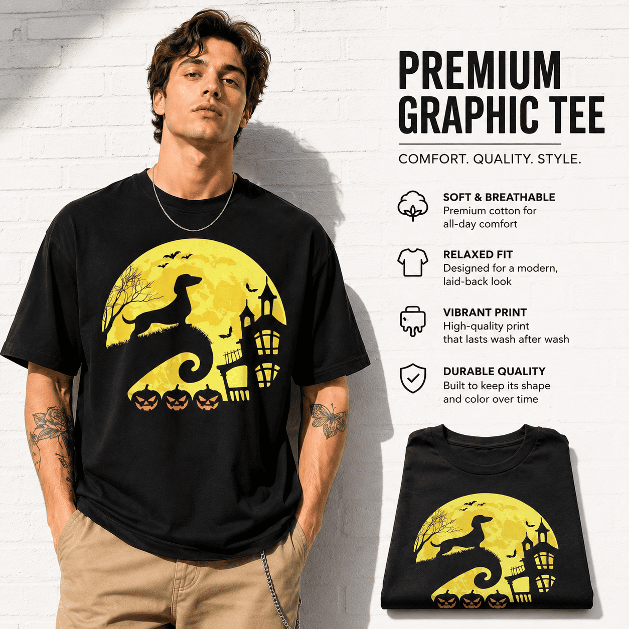 Dachshund Witch Moon Haunted House Halloween Dog Graphic Men's T-Shirt