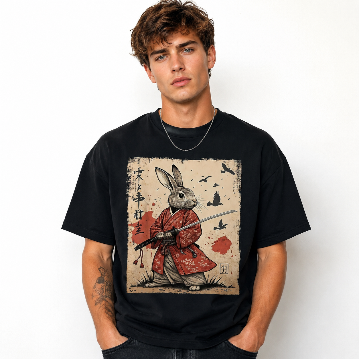 Samurai Rabbit Anime T-Shirt Japanese Retro Manga Graphic Streetwear Tee