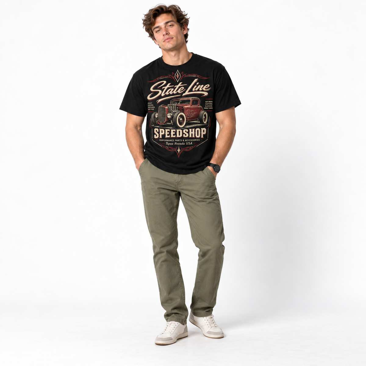 State Line Speedshop Vintage Hot Rod Garage Classic Car Men's T-Shirt