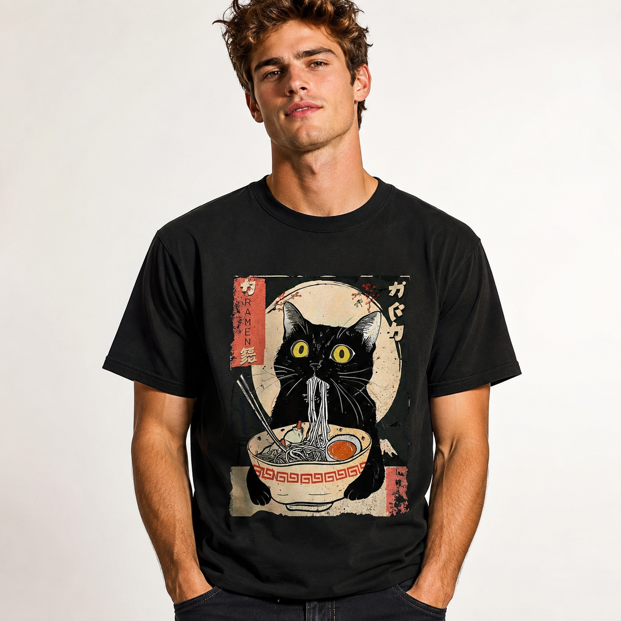 Men's Vintage Japanese Ramen Cat T-Shirt - Kitten Eating Noodles Print