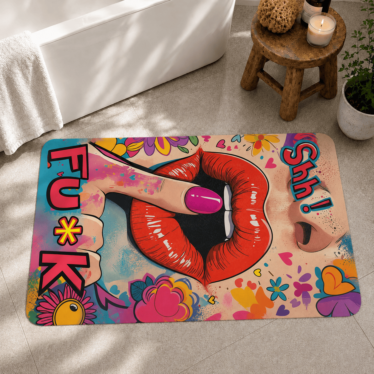 Pop Art Lips Bath Mat Quick Dry Super Absorbent Non Slip Shhh Graphic Decor