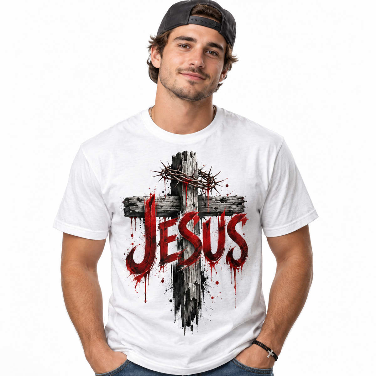 Jesus Cross Crown of Thorns Christian Faith Men's Graphic T-Shirt
