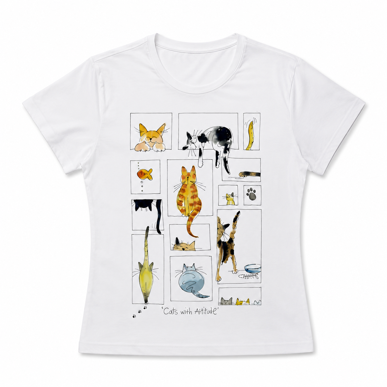 Watercolor Cat Windows T-Shirt | Playful Multi-Cat Boutique Graphic Tee