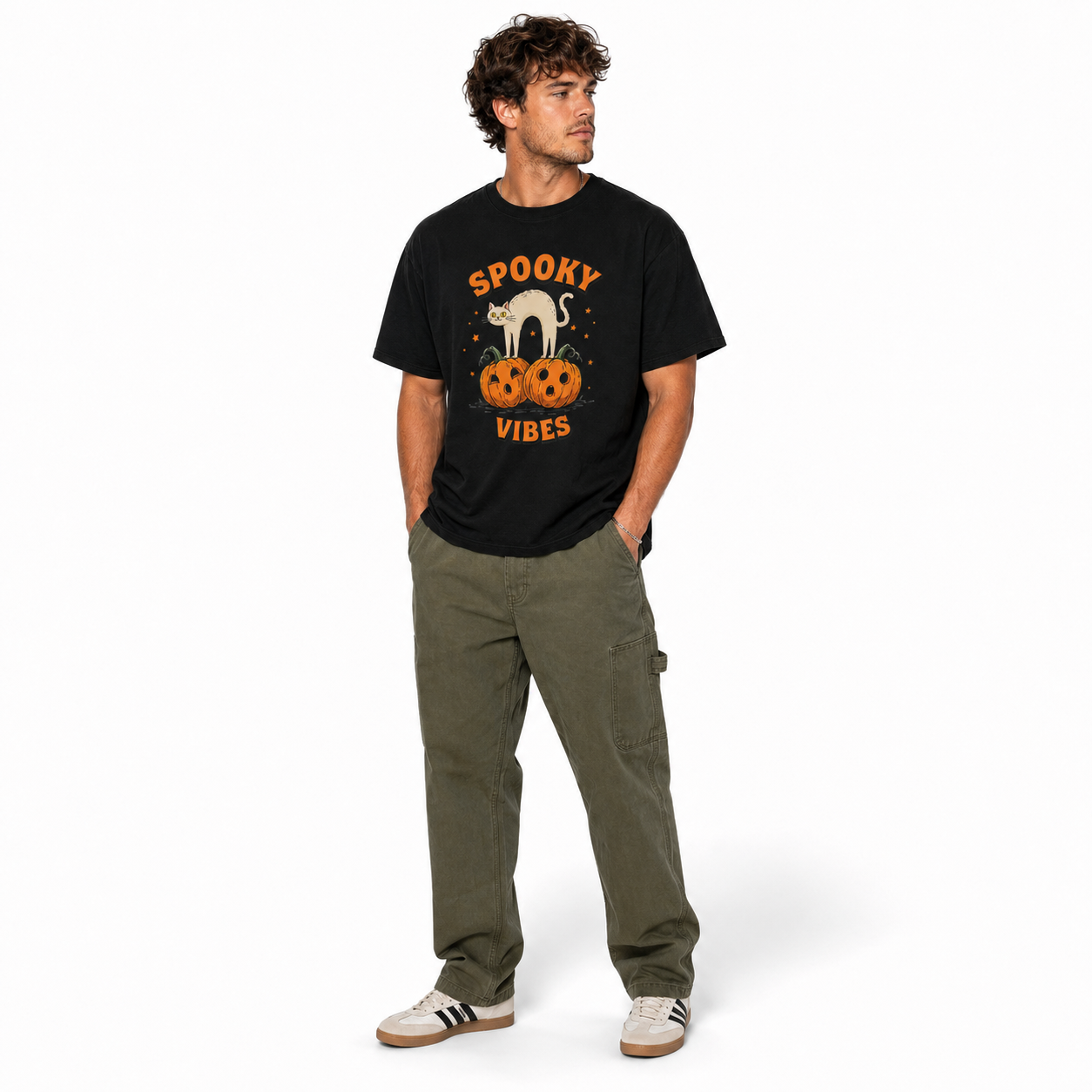 Spooky Vibes Cat Pumpkin Halloween Cute Funny Graphic Men's T-Shirt