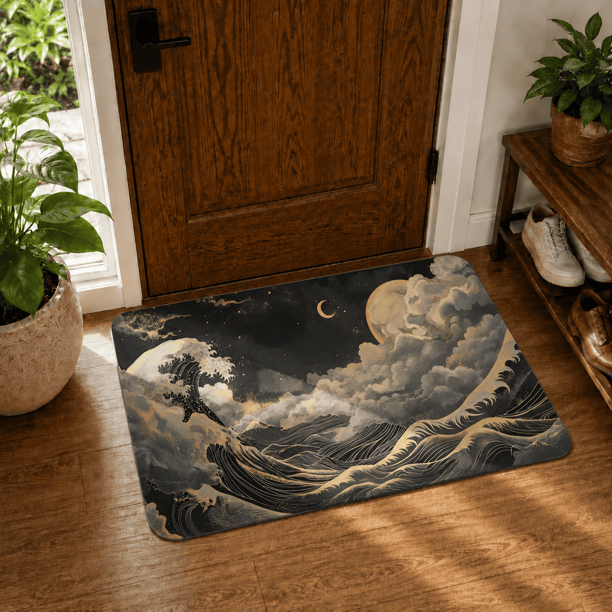 Japandi Bath Rug Moon & Stars Quick Dry Super Absorbent Non Slip