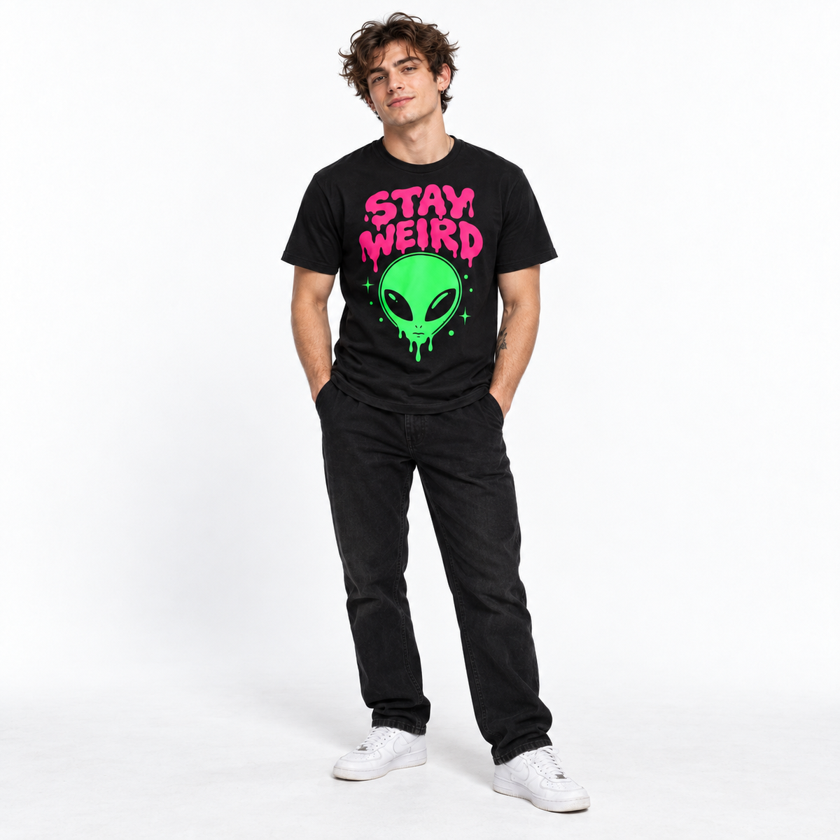 Stay Weird Neon Alien Retro Funny Men's Graphic T-Shirt