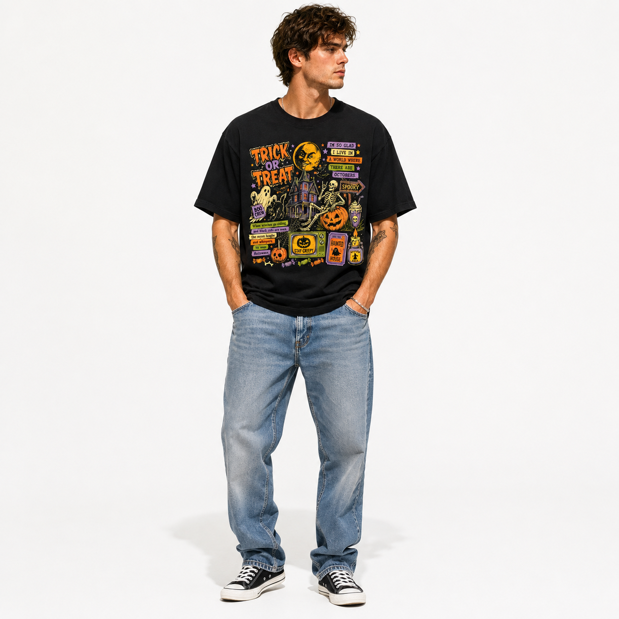 Trick or Treat Vintage Halloween Haunted House Pumpkin Graphic Men's T-Shirt