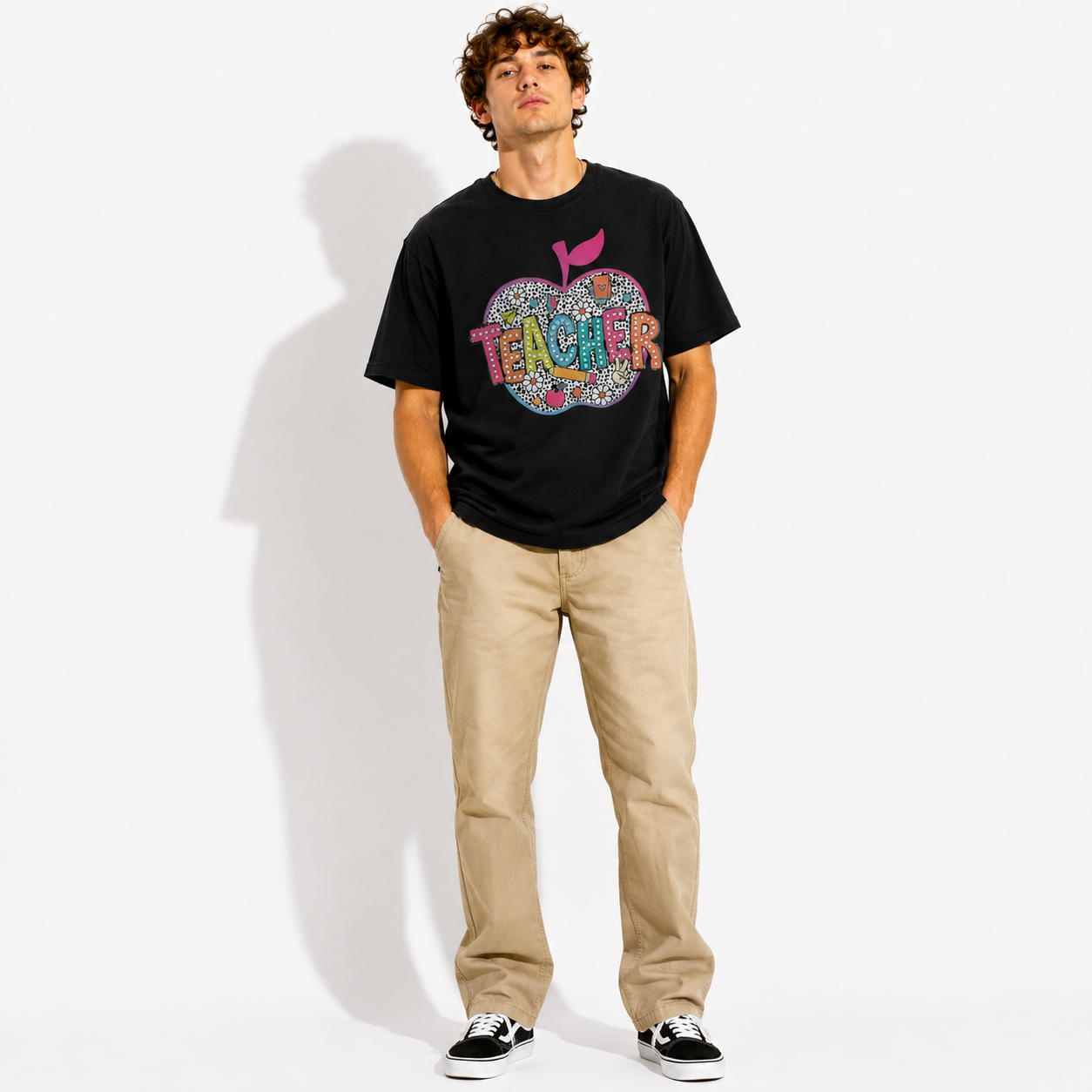 Colorful Teacher Apple Graphic T-Shirt School Gift Tee for Men