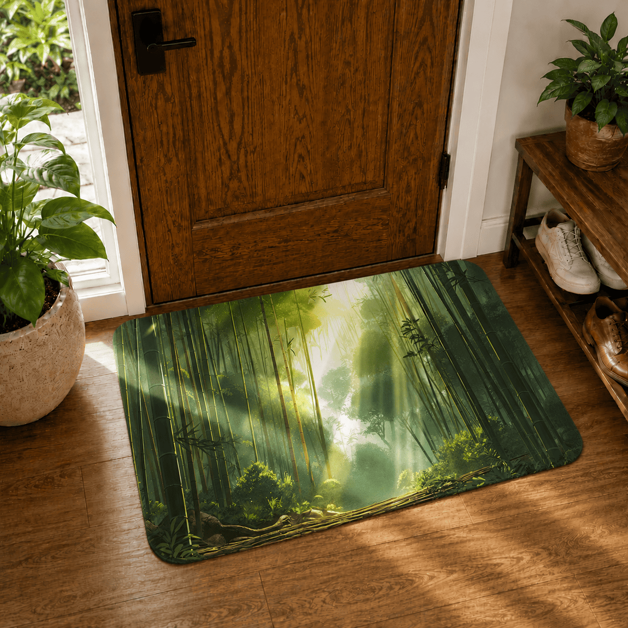 Bamboo Forest Kitchen Mat Quick Dry Super Absorbent Non Slip Sunlit Anime Scene