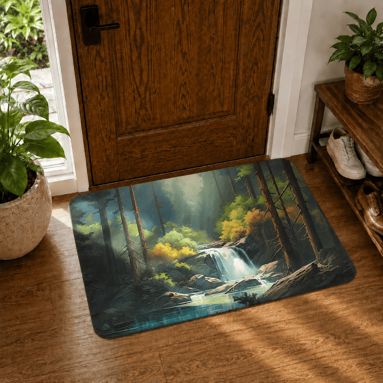 Forest Waterfall Floor Mat Quick Dry Super Absorbent Non Slip Nature Decor