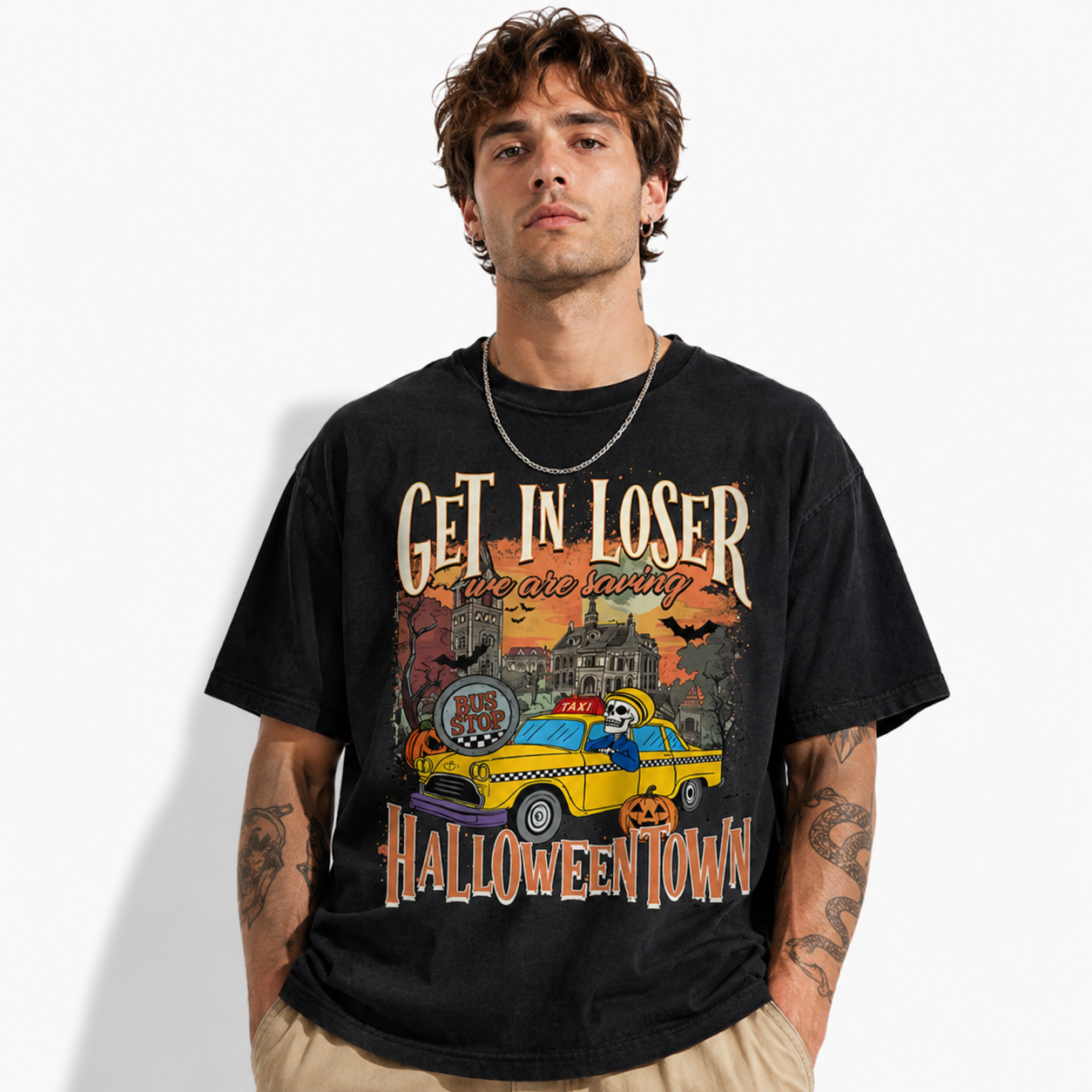 Get In Loser We're Saving Halloween Funny Spooky Taxi Graphic Men's T-Shirt