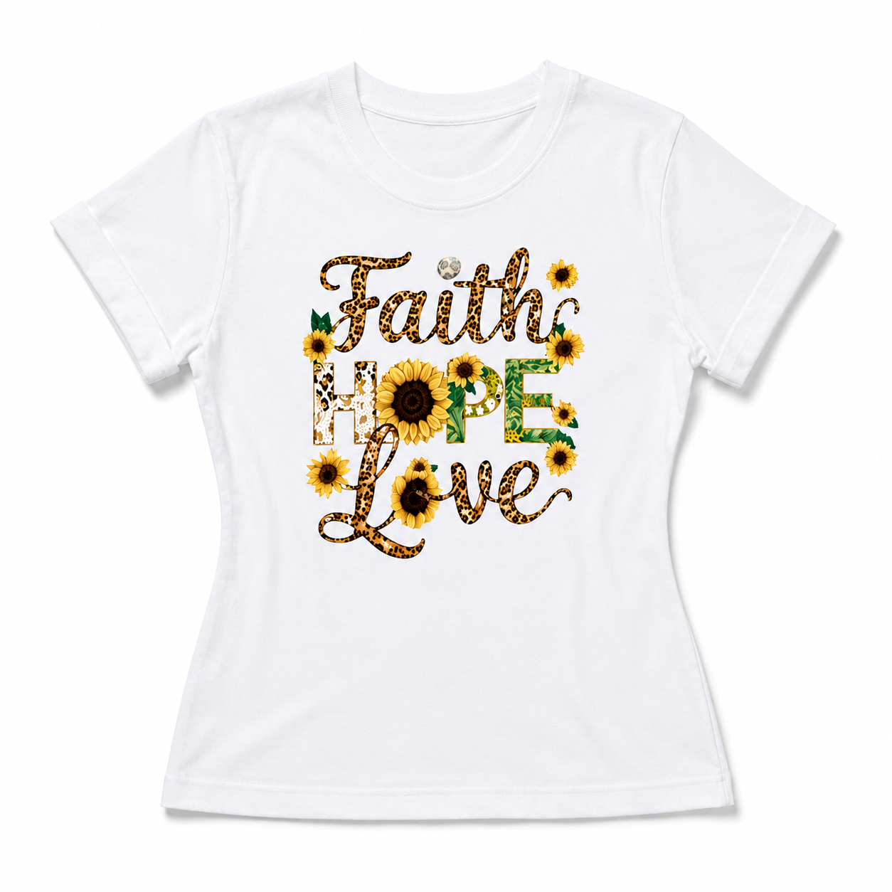 Women's Faith Hope Love Sunflower Heart Graphic T-Shirt Christian Casual Tee