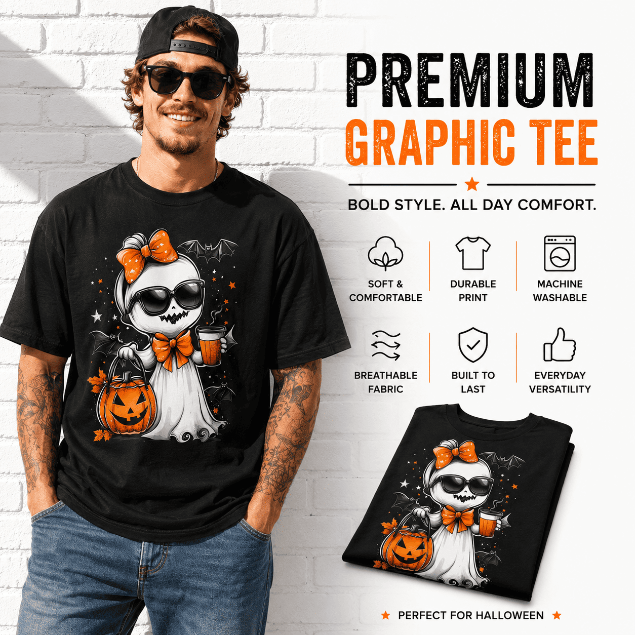 Cute Ghost Pumpkin Halloween Spooky Gothic Funny Graphic Men's T-Shirt