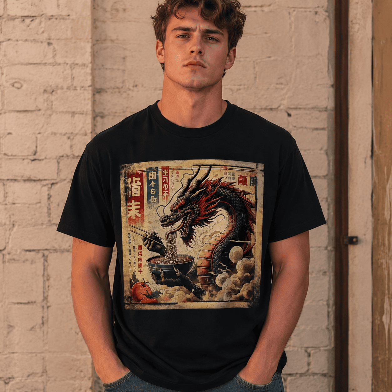 Japanese Dragon Ramen T-Shirt Vintage Anime Food Graphic Streetwear Tee