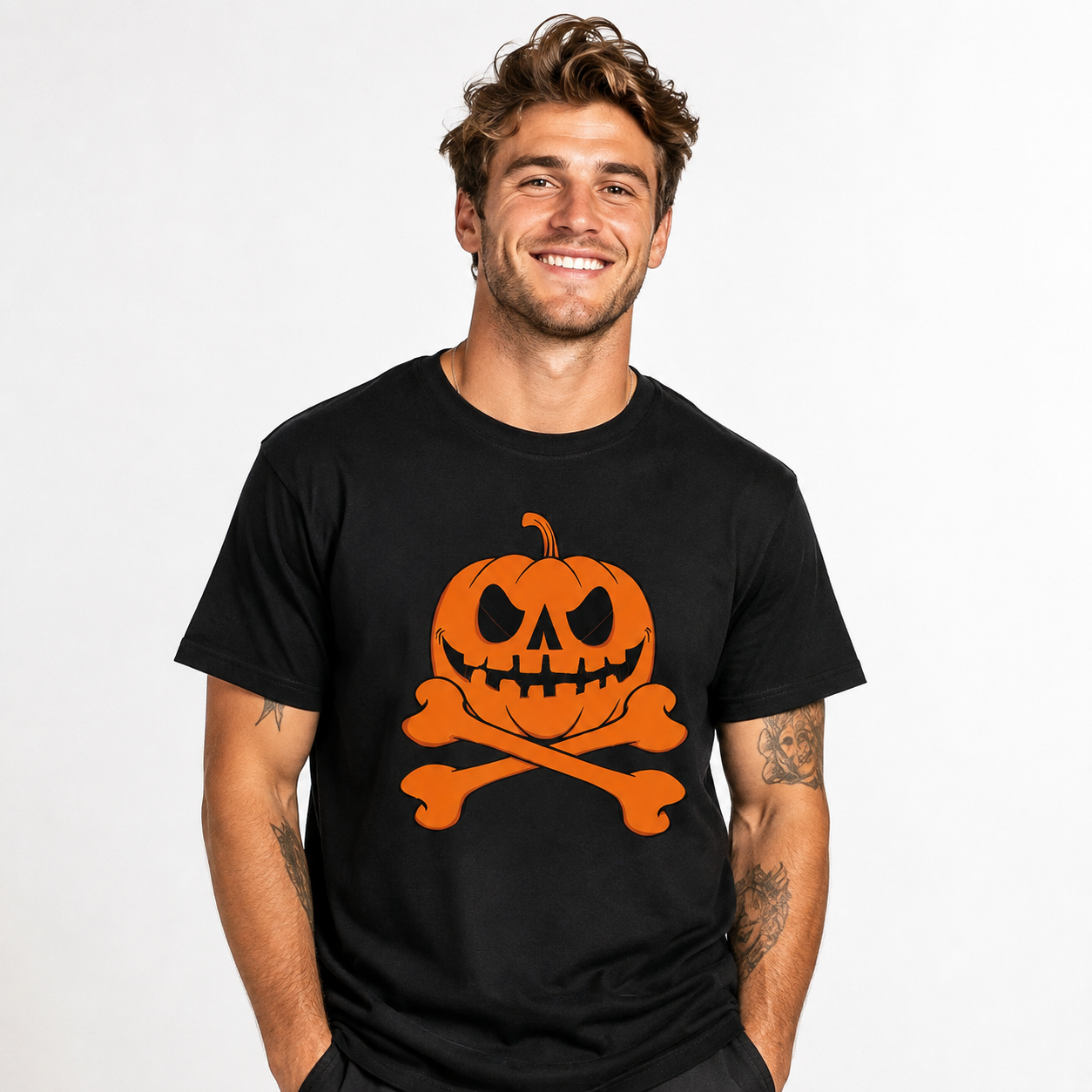 Halloween Pumpkin Skull Crossbones Jack O Lantern Spooky Graphic Men's T-Shirt