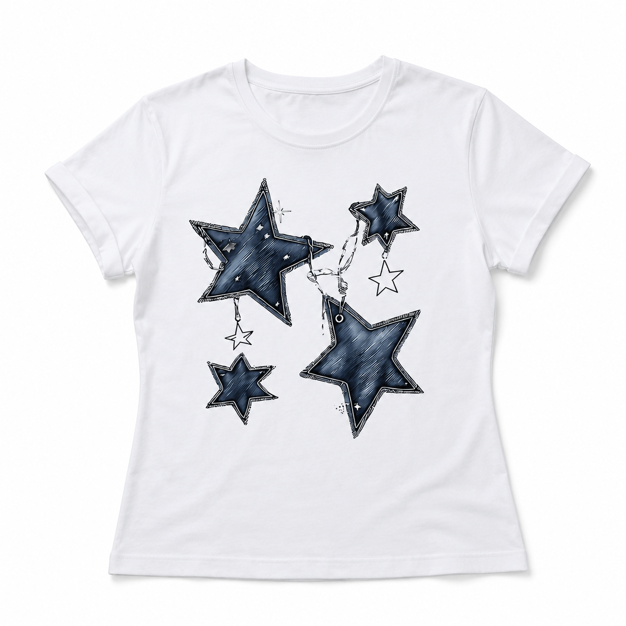 Denim Texture Stars T-Shirt | Chic Patchwork Aesthetic White Tee