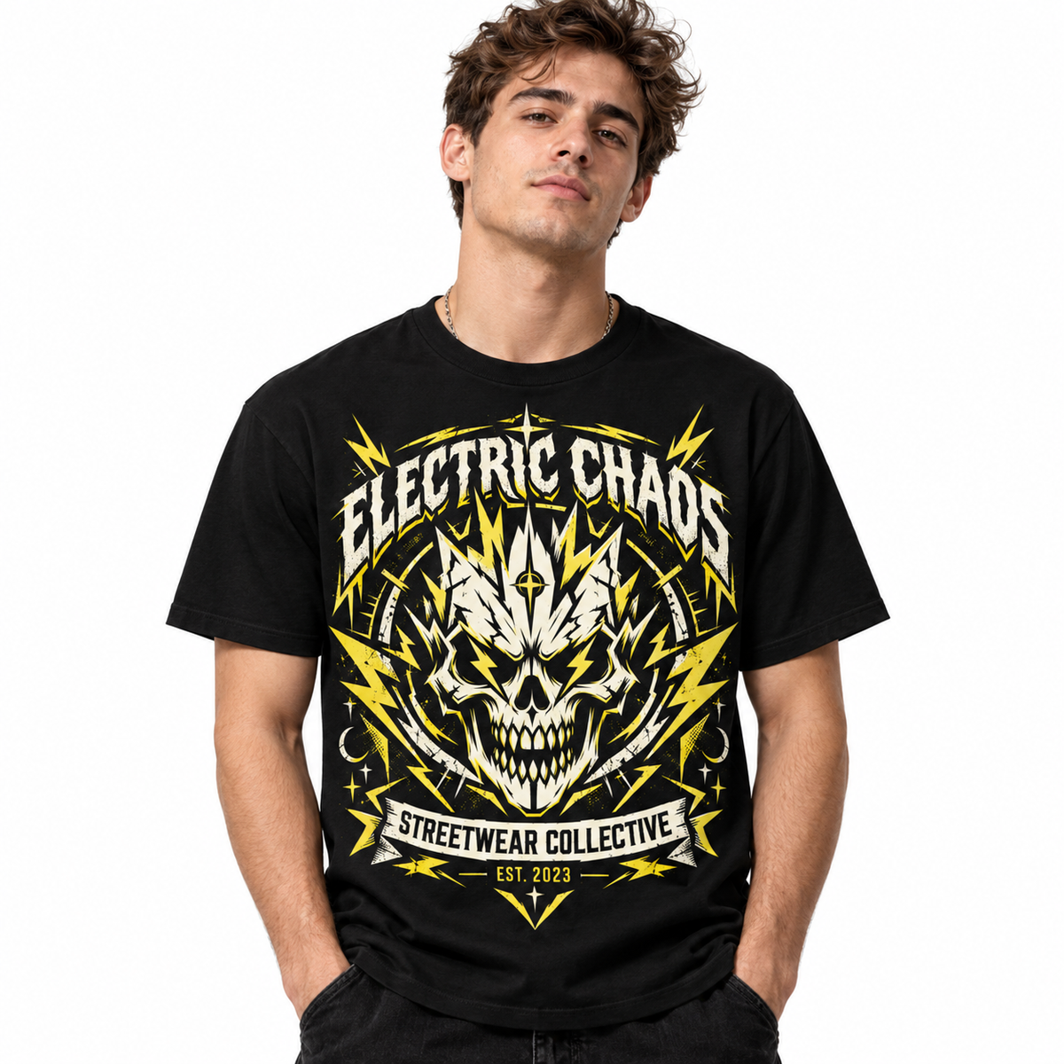 Electric Chaos Skull Lightning Streetwear Men's Graphic T-Shirt