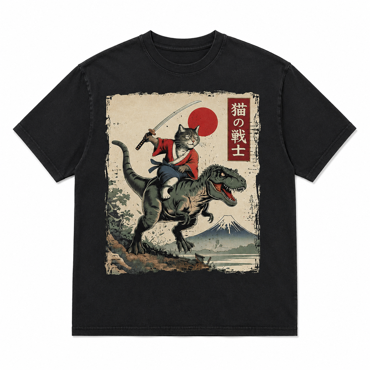 Funny Samurai Cat Riding T-Rex Ukiyo-E Style Graphic T-Shirt Streetwear Tee