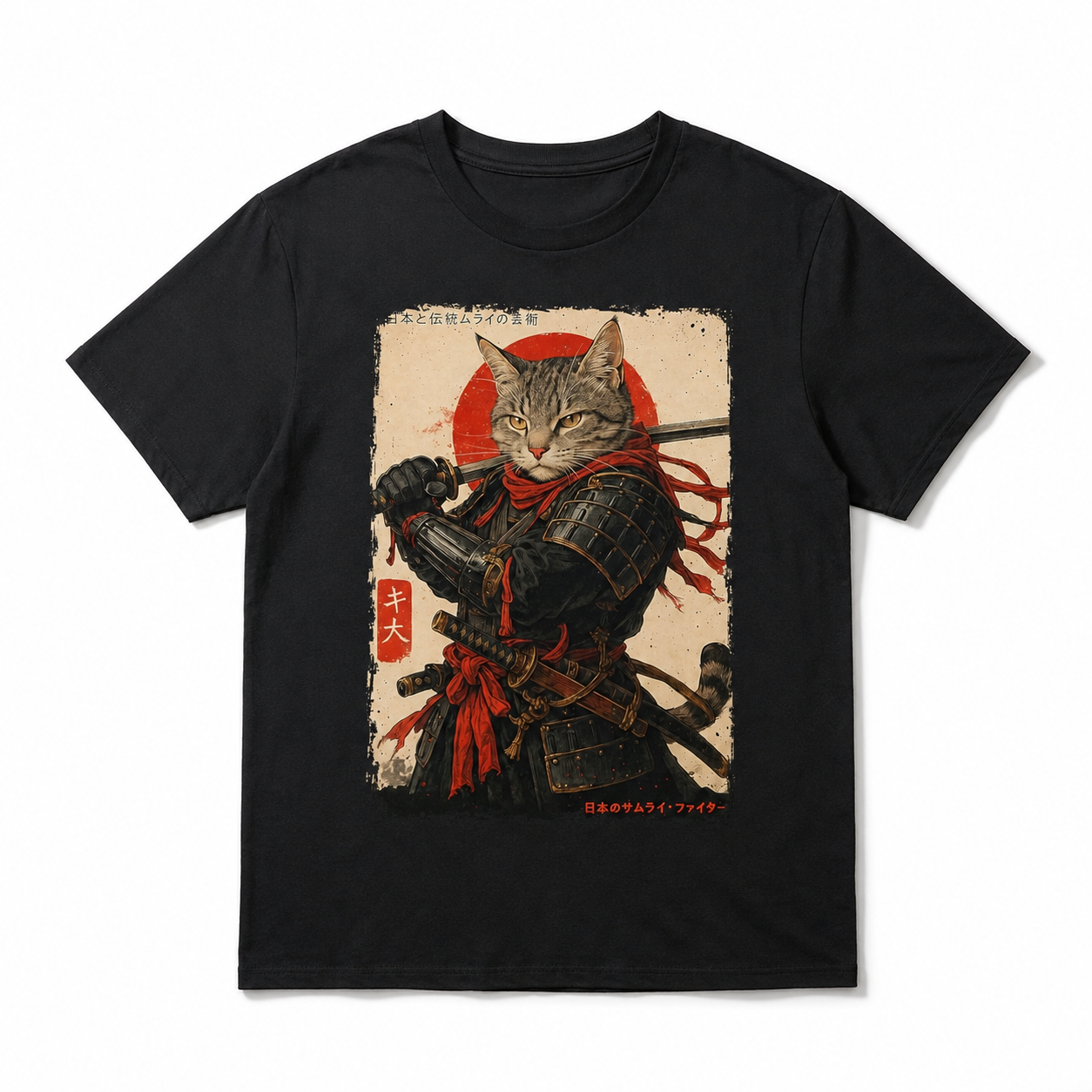 Samurai Cat Warrior Graphic T-Shirt Japanese Ukiyo Ink Art Tee