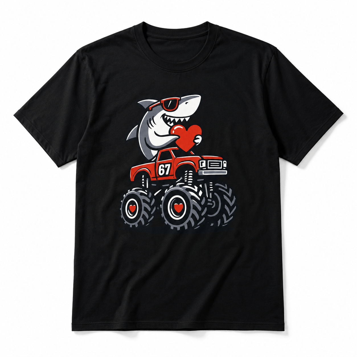 Funny Valentine's Day 67 Shark Hearts Truck Meme Graphic T-Shirt for Men