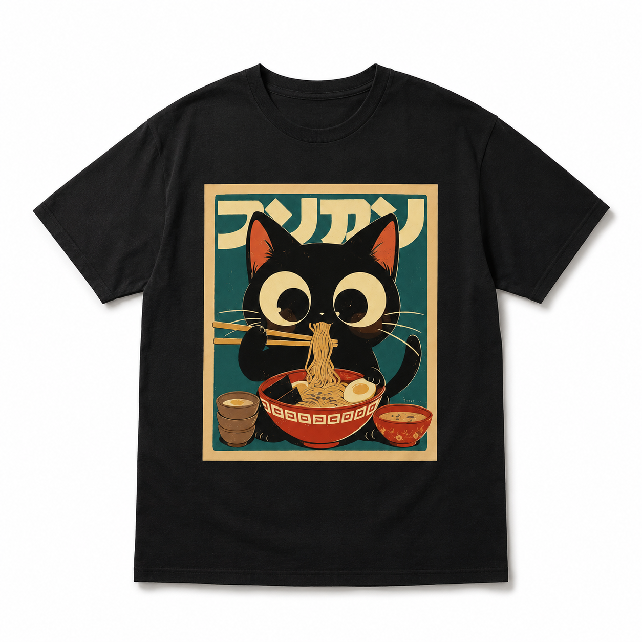 Anime Cat Ramen T-Shirt Japanese Kawaii Graphic Funny Streetwear Tee
