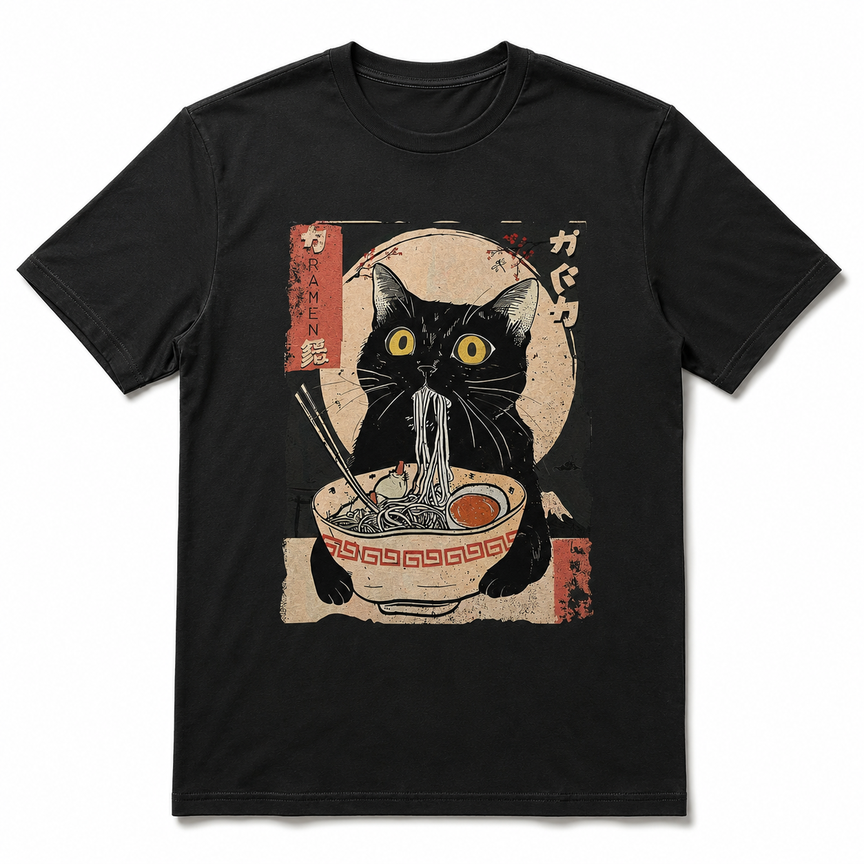 Men's Vintage Japanese Ramen Cat T-Shirt - Kitten Eating Noodles Print