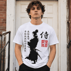 Samurai Silhouette Graphic T-Shirt Japanese Warrior Kanji Red Seal Tee