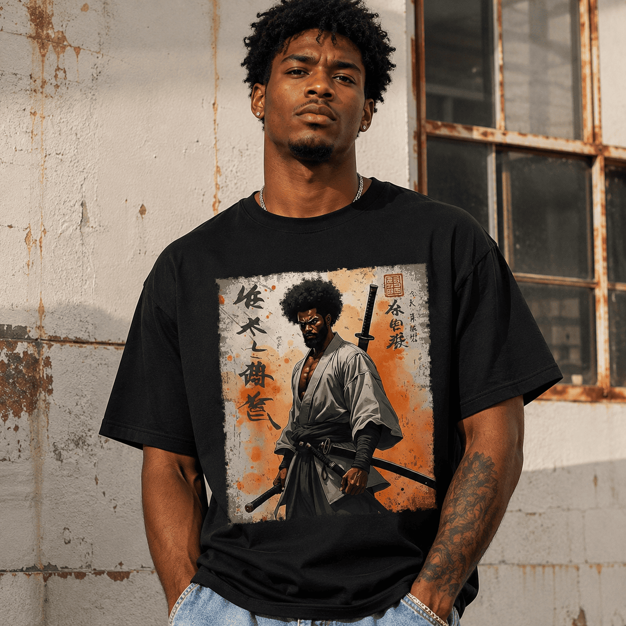 Japanese Samurai Calligraphy Sword Graphic T-Shirt Anime Style Streetwear Tee