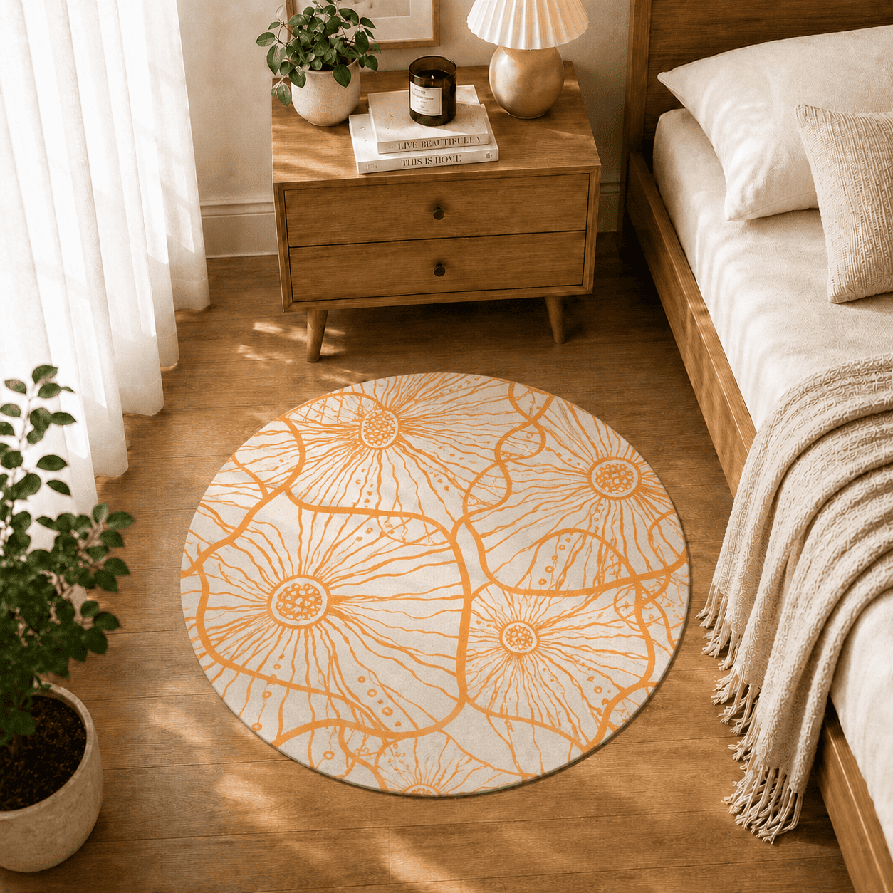 Orange Floral Summer Floor Mat Quick Dry Super Absorbent Non Slip Scandi Decor