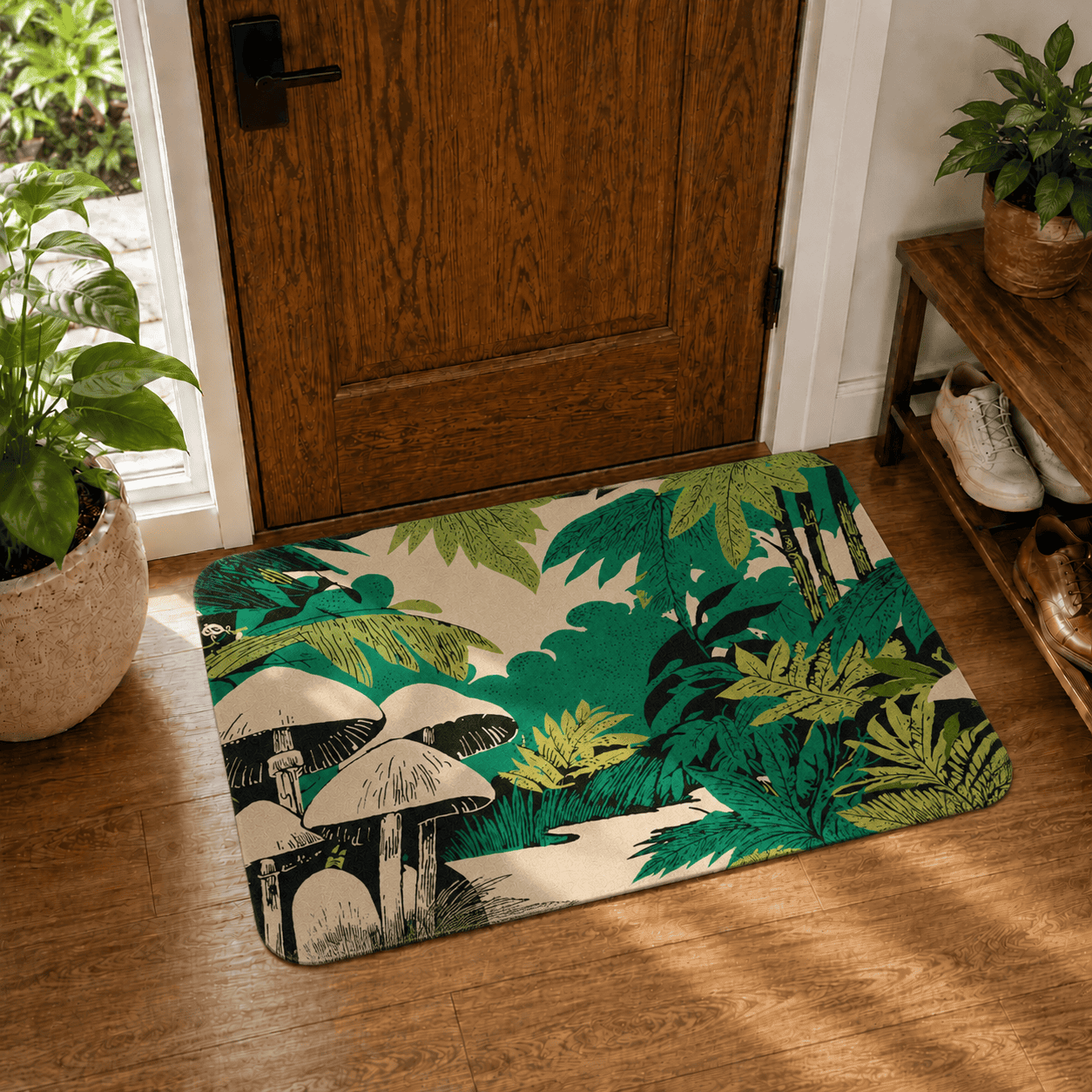 Botanical Mushroom Bath Mat Quick Dry Super Absorbent Non Slip Forest Design