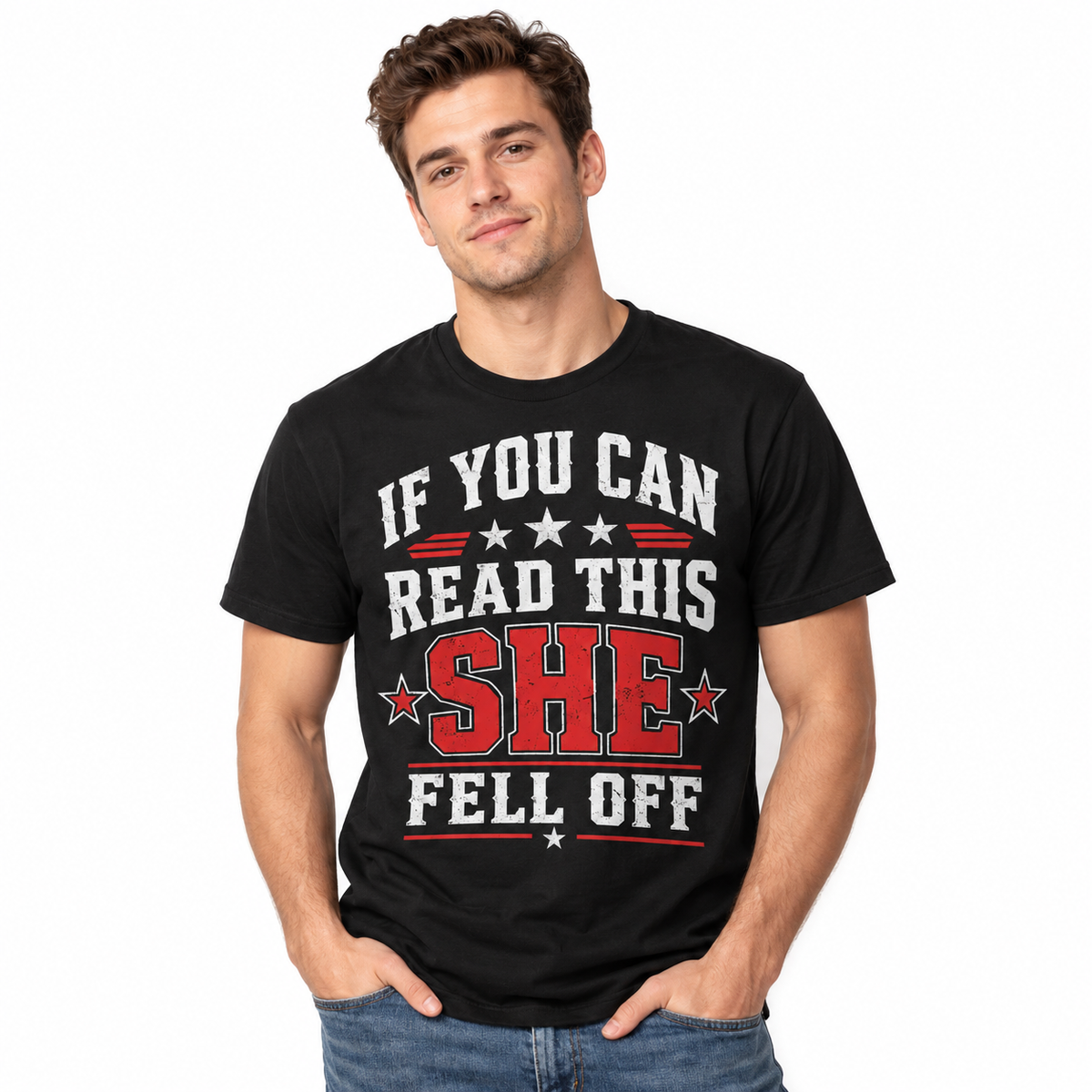 If You Can Read This She Fell Off Funny Biker Men's Graphic T-Shirt