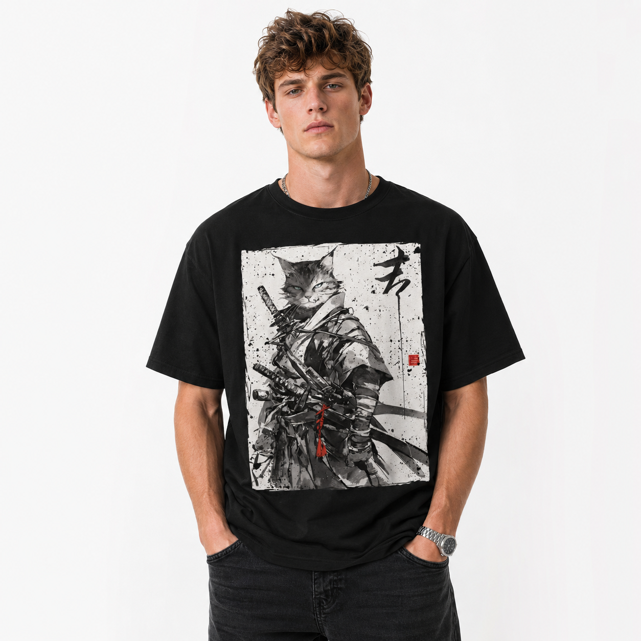 Samurai Cat Ukiyo-E Graphic T-Shirt Japanese Warrior Ink Art Streetwear Tee