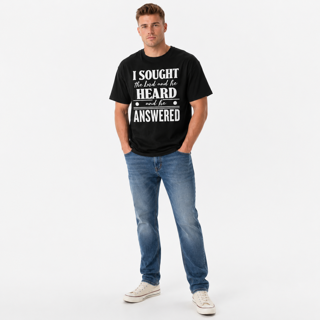 I Sought the Lord and He Answered Christian Faith Graphic T-Shirt for Men