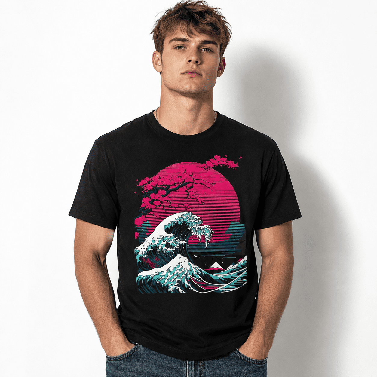Great Wave Vaporwave Glitch T-Shirt Retro Japanese Hokusai Style Art Tee