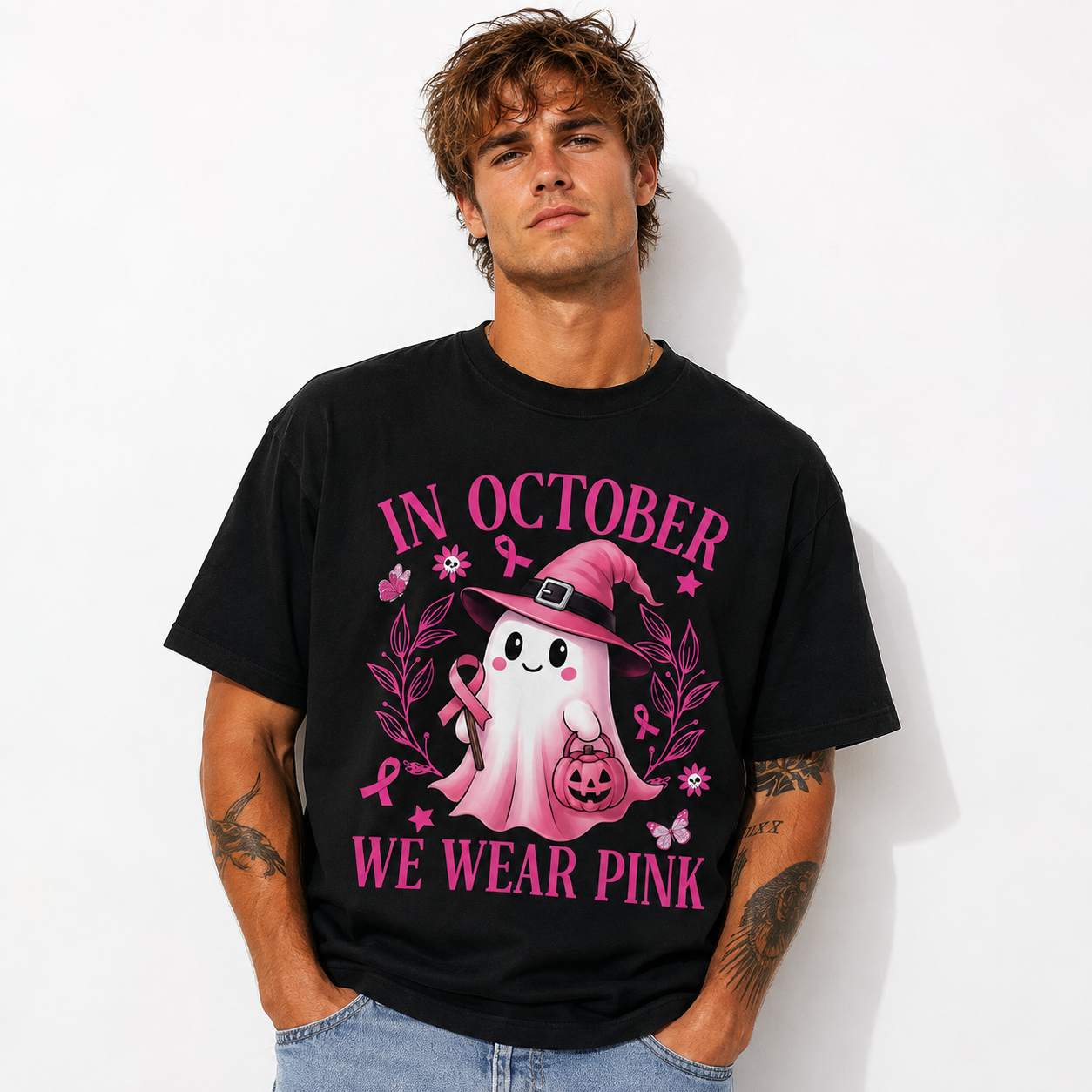 In October We Wear Pink Ghost Halloween Breast Cancer Awareness Men's T-Shirt