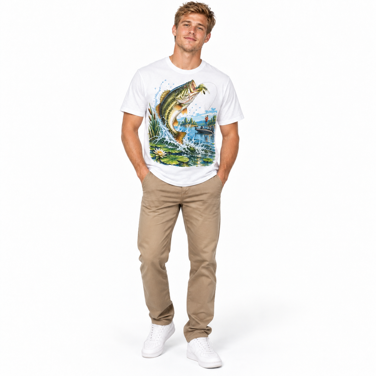Bass Fishing Jumping Fish Lake Angler Outdoor Graphic Men's T-Shirt