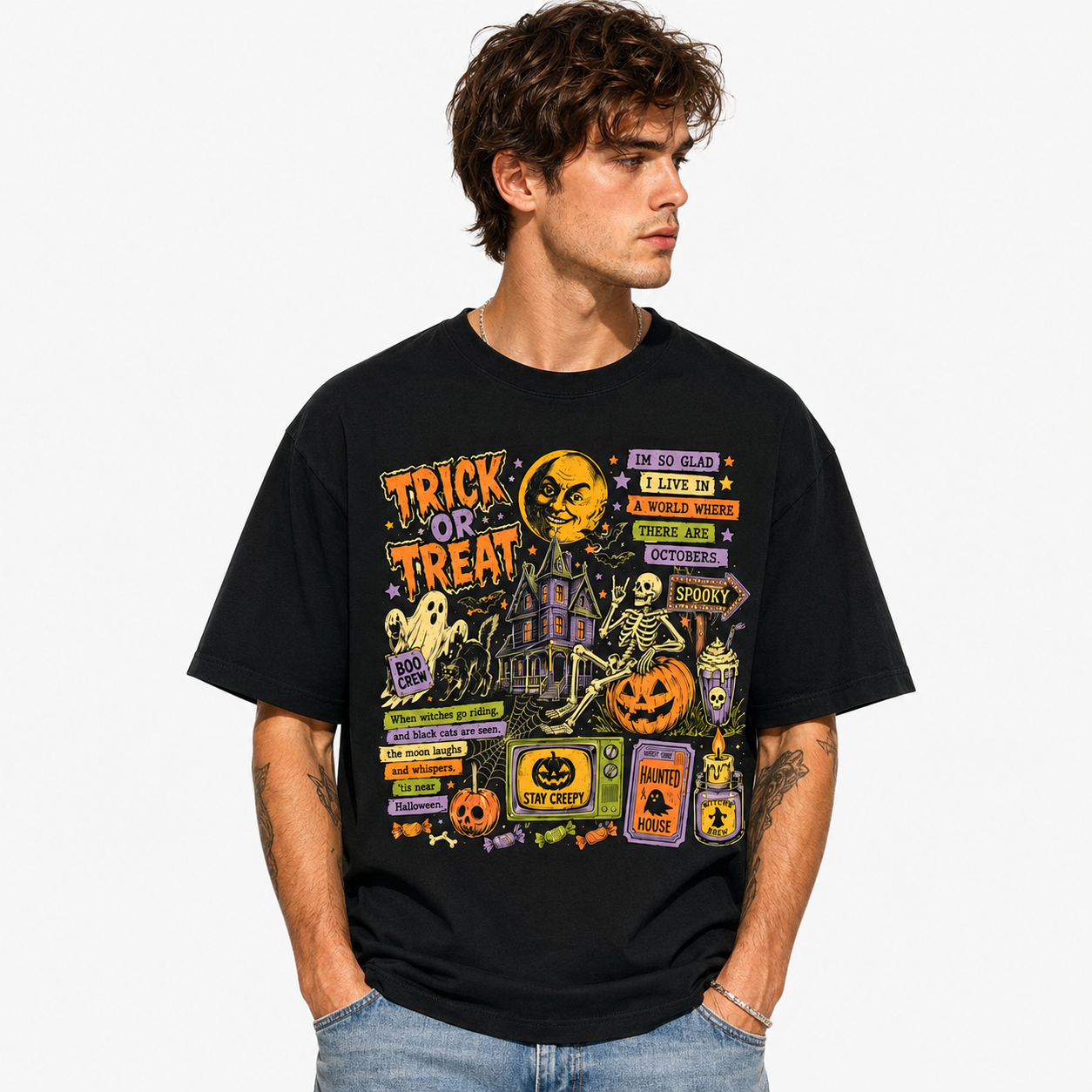 Trick or Treat Vintage Halloween Haunted House Pumpkin Graphic Men's T-Shirt