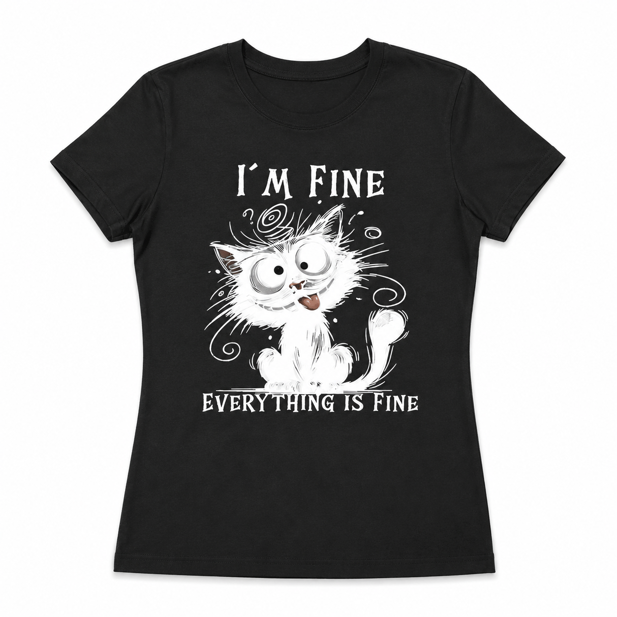 Women Funny Cat I'm Fine Everything Is Fine Graphic Casual Crew Neck Tee Top