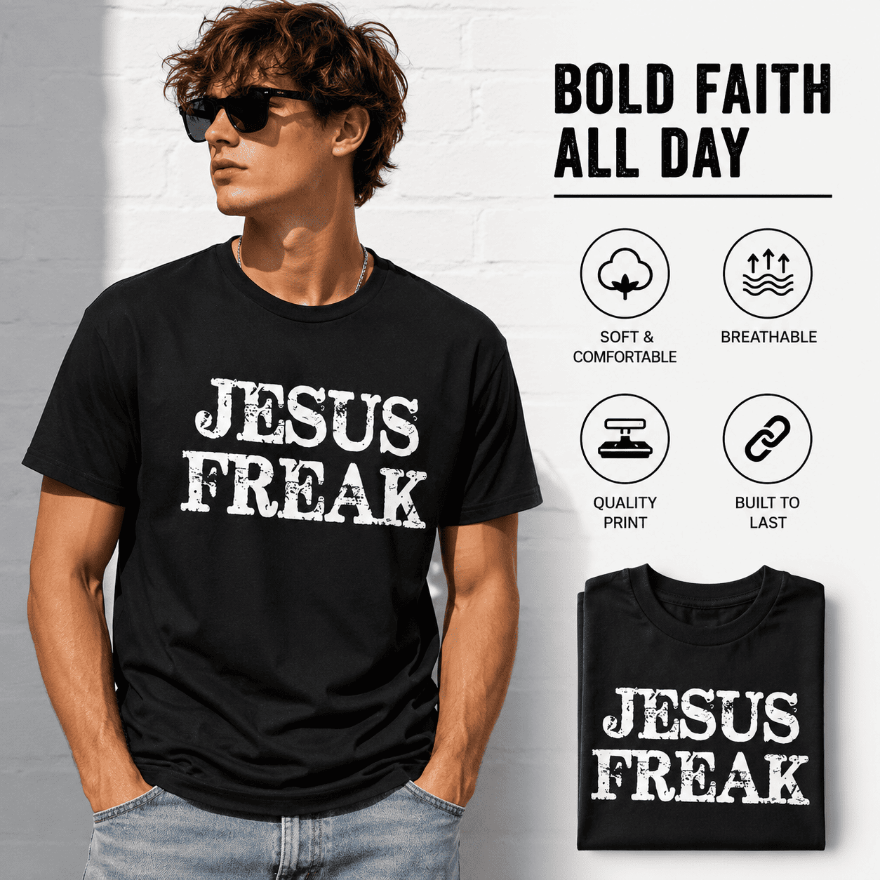 Jesus Freak Christian Faith Graphic T-Shirt Vintage Religious Tee for Men