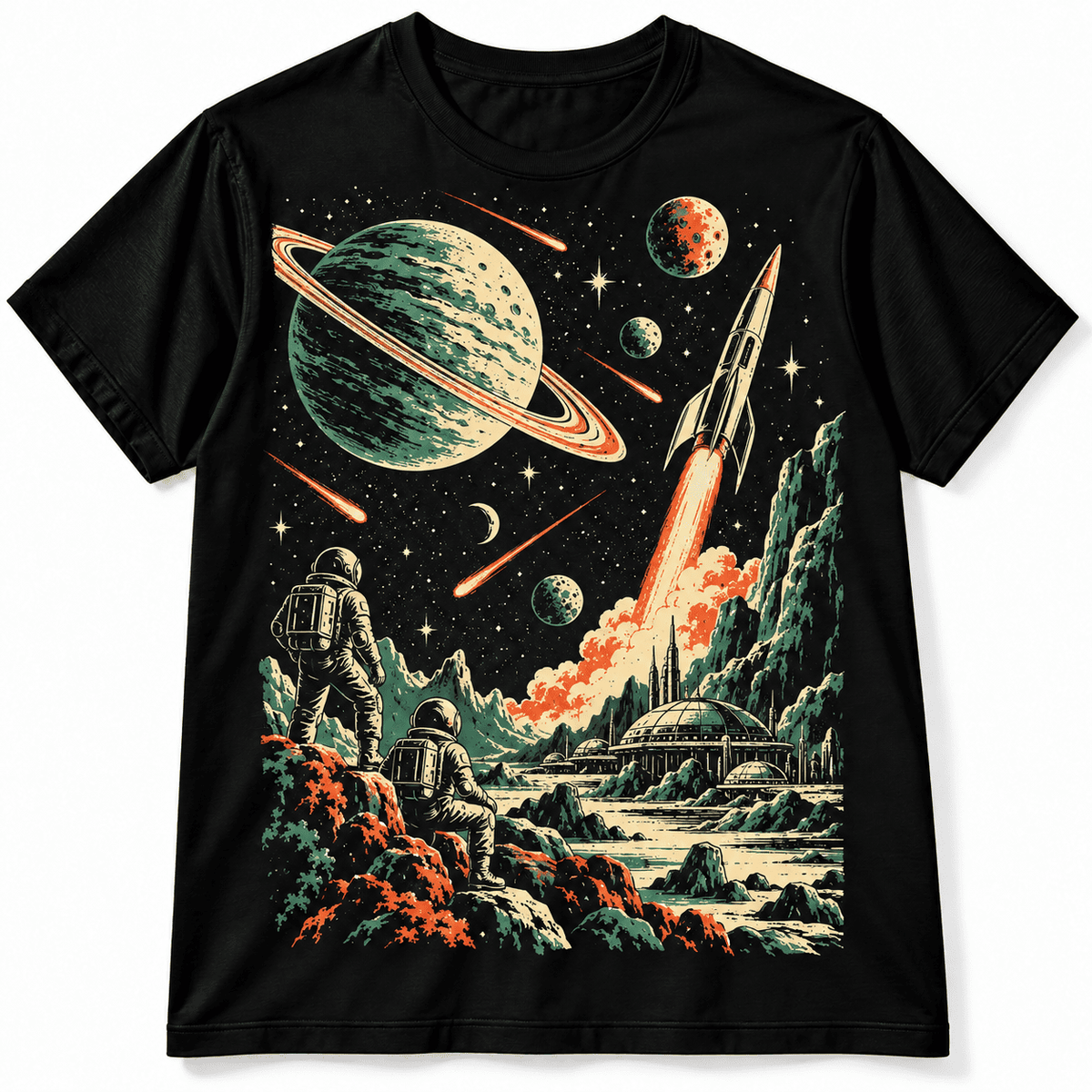 Retro Space Adventure Astronaut Rocket Planet Men's Graphic T-Shirt