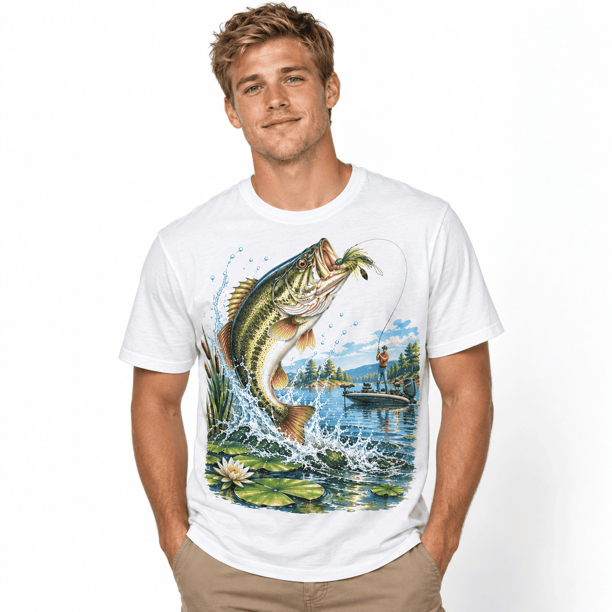 Bass Fishing Jumping Fish Lake Angler Outdoor Graphic Men's T-Shirt