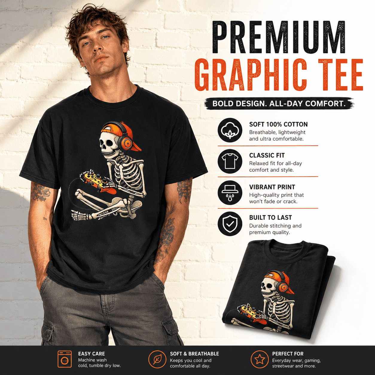 Skeleton Gamer Halloween Gaming Headphones Controller Graphic Men's T-Shirt