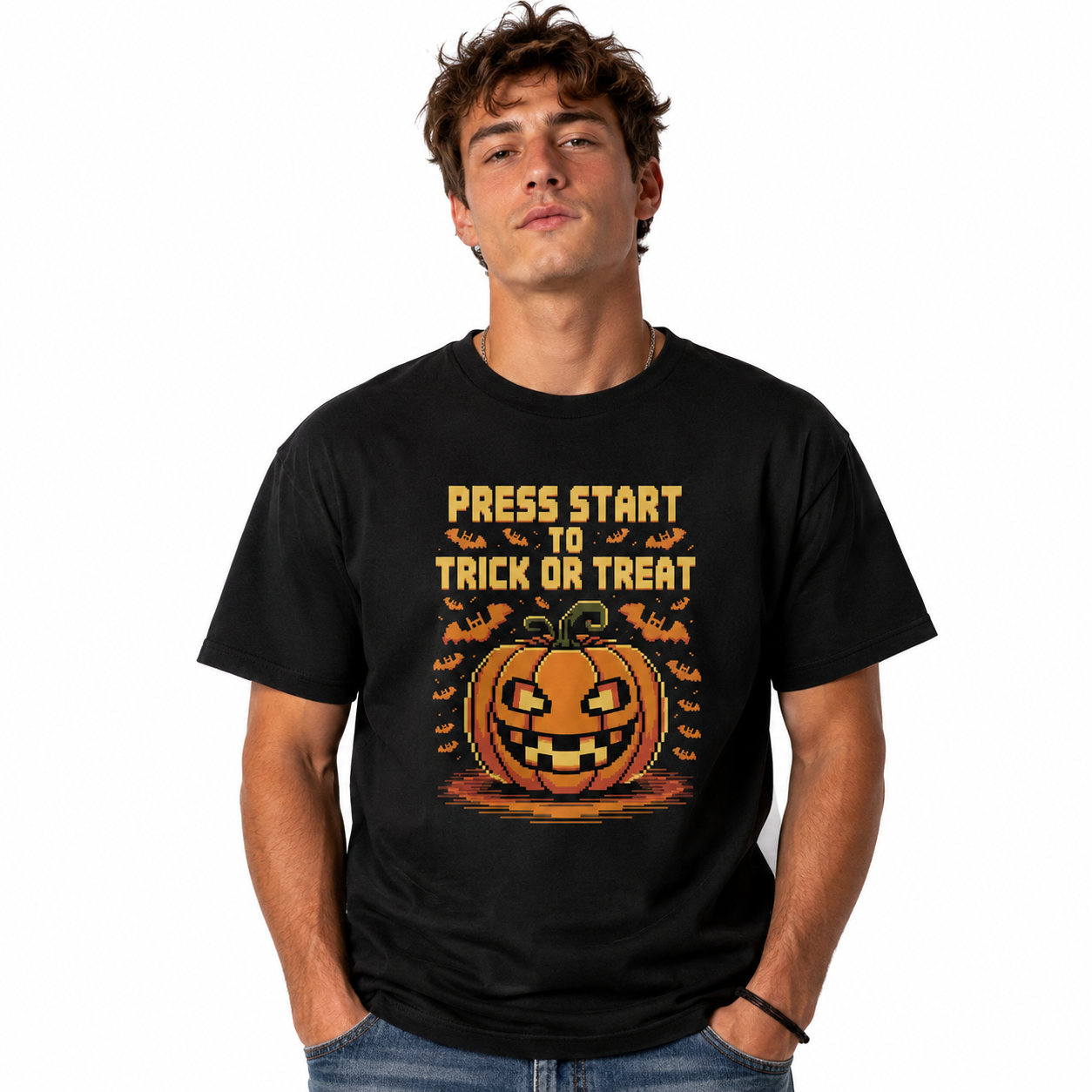 Press Start Trick or Treat Retro Gamer Pumpkin Halloween Men's T-Shirt
