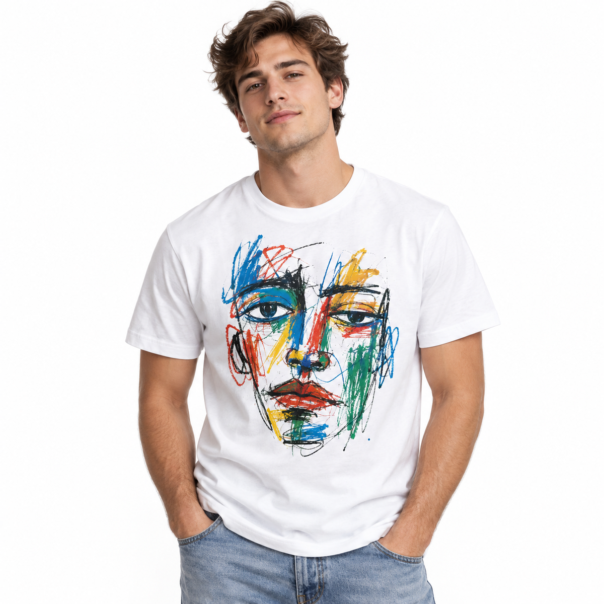 Abstract Face Colorful Line Art Modern Men's Graphic T-Shirt