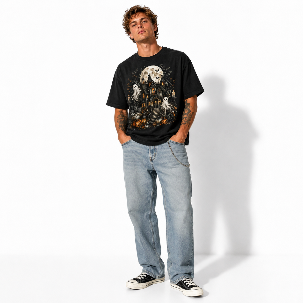 Haunted House Ghost Pumpkin Spooky Halloween Gothic Graphic Men's T-Shirt