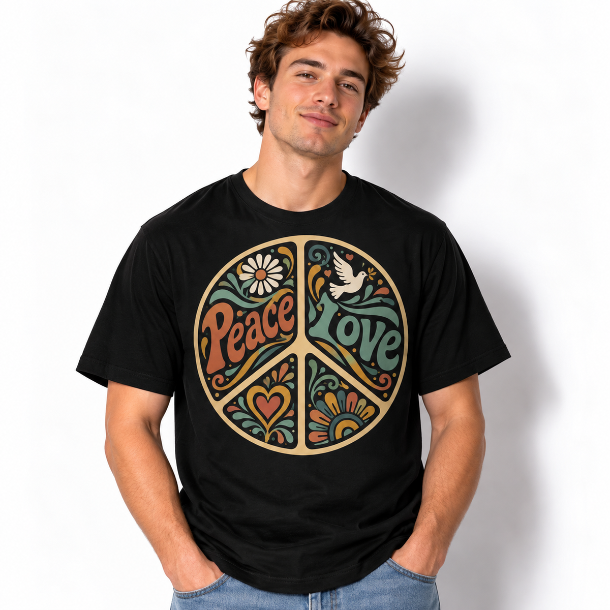 Peace Love Retro Hippie Dove Floral Men's Graphic T-Shirt