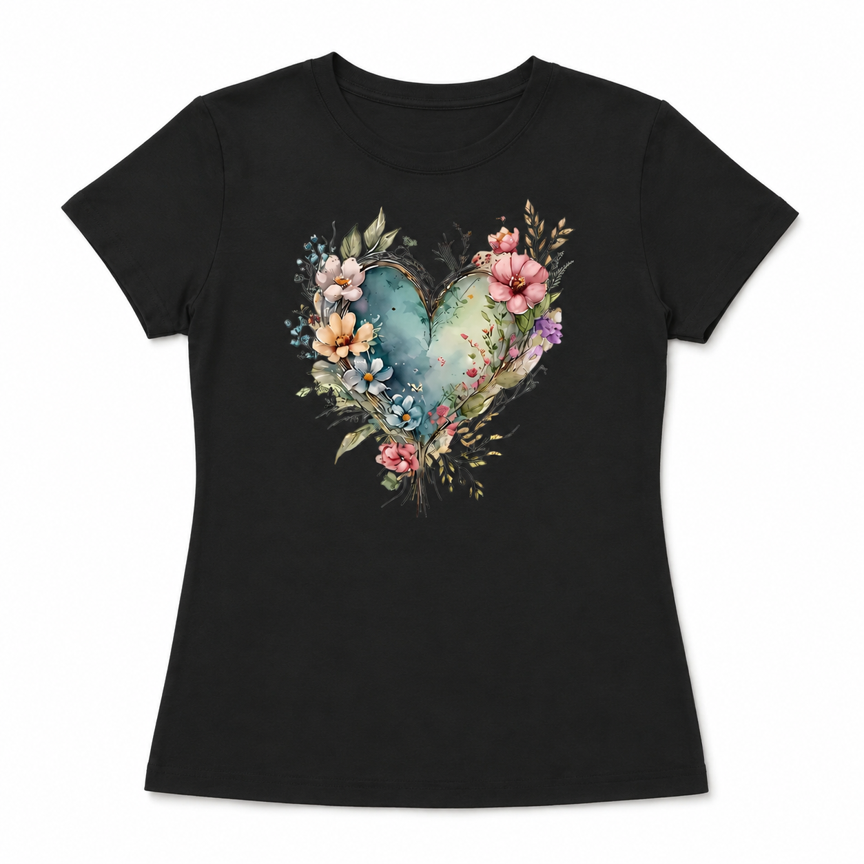 Women Vintage Floral Heart Graphic T-Shirt Rose Flower Casual Crew Neck Tee Top