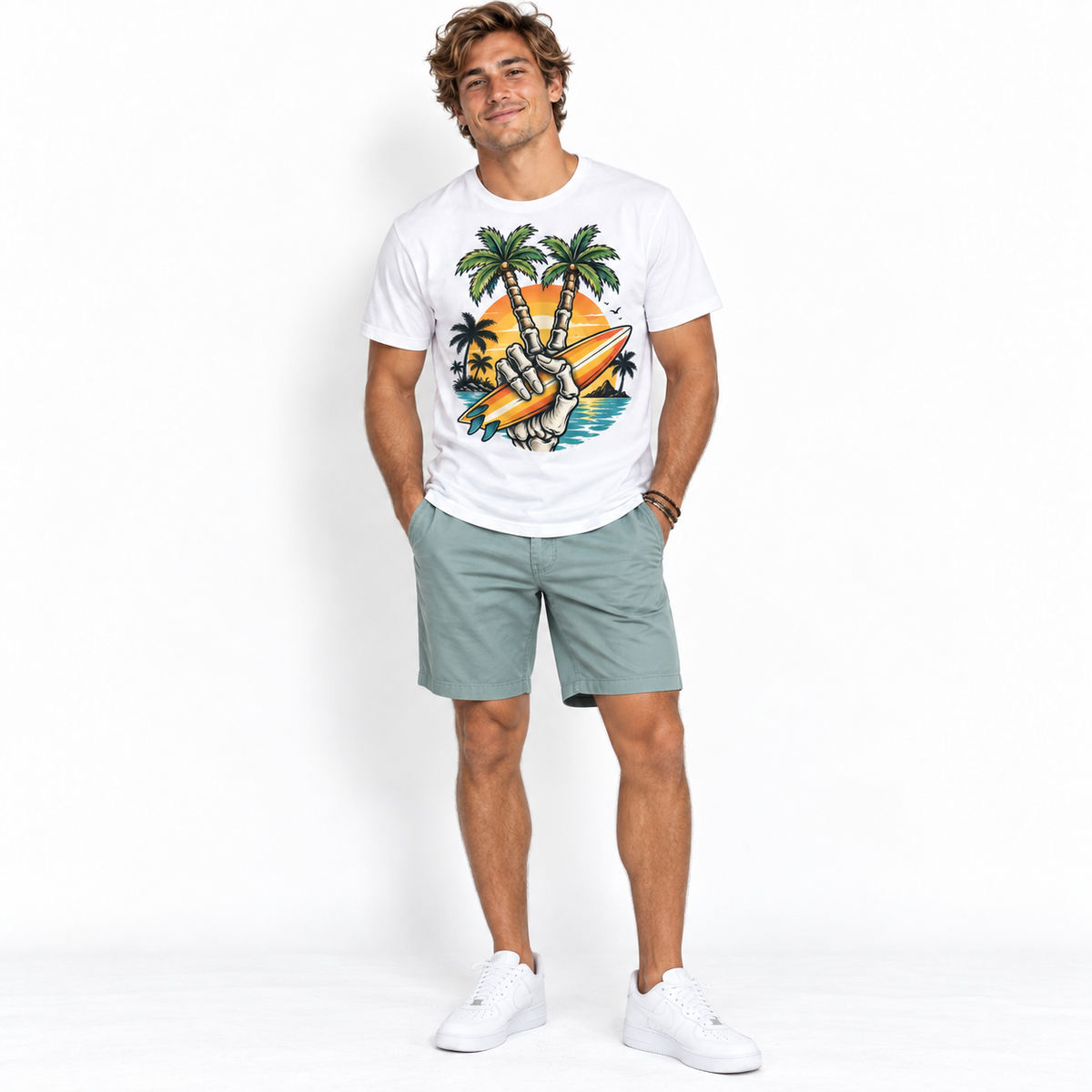 Skeleton Peace Sign Surfboard Tropical Sunset Men's Graphic T-Shirt