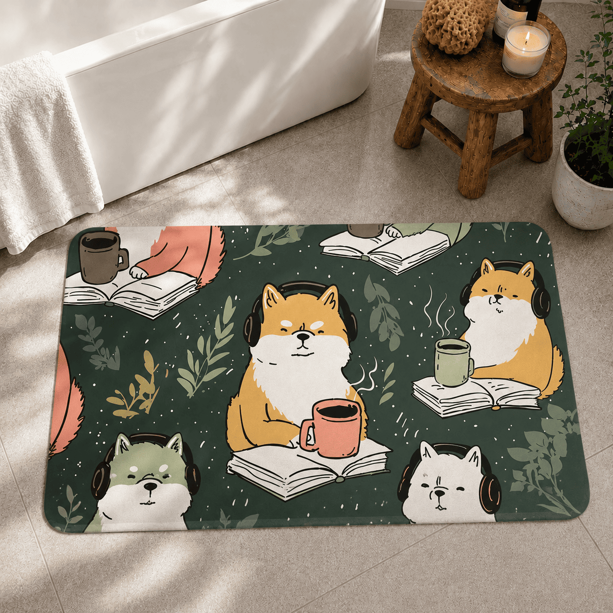 Shiba Inu Bath Mat Quick Dry Super Absorbent Non Slip Kawaii Botanical Design