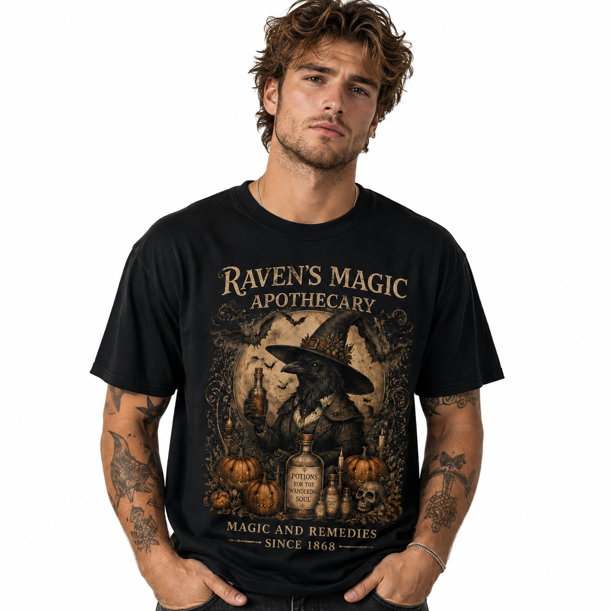 Raven's Magic Apothecary Witch Crow Gothic Halloween Graphic Men's T-Shirt